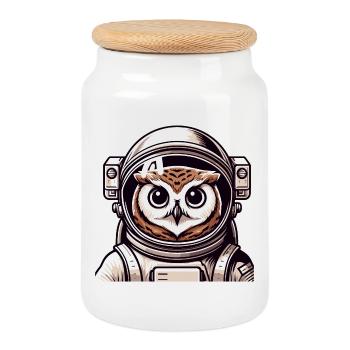 Eine Astronauten-Eule im Cartoon-Stil - Keksdose mit Holzdeckel - Weiß - Vorne