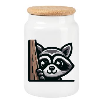 Ein Waschbär im Cartoon-Stil - Keksdose mit Holzdeckel - Weiß - Vorne
