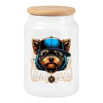 Yorkshire Terrier Gangsta Gangster Hund Geschenk - Keksdose mit Holzdeckel - Weiß - Vorne