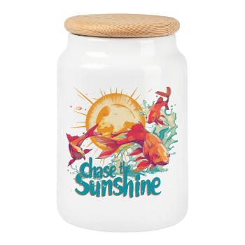 À la poursuite du soleil, Poissons, le soleil dans un style rétro - Boîte à biscuits avec couvercle en bois - blanc - Devant