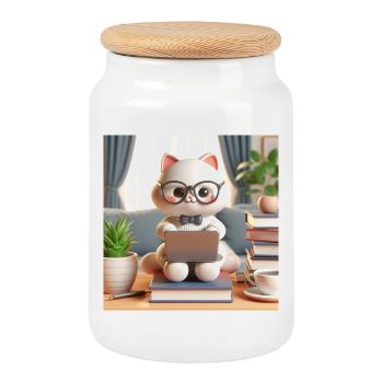 3D-Computer-Katze - Keksdose mit Holzdeckel - Weiß - Vorne