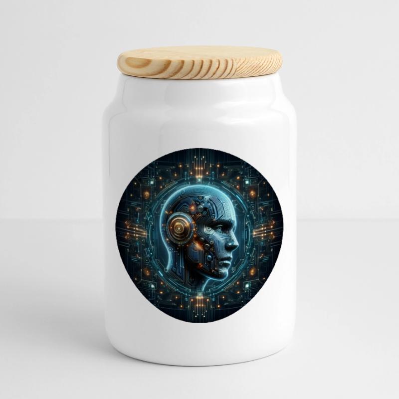 Artificial Intelligence Cyber Head Tech Cookie Jar with Wooden Lid