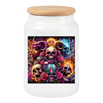 Skulls, Colors and Flowers - Cookie Jar with Wooden Lid - white - Front