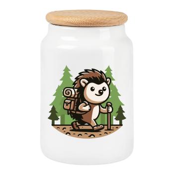Trail Trekker: The Hiking Hedgehog - Cookie Jar with Wooden Lid - white - Front