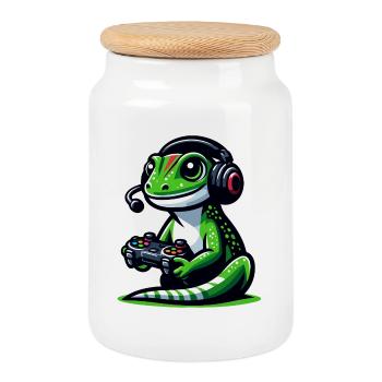 Gecko Gamer : Maîtriser la jungle des joysticks - Boîte à biscuits avec couvercle en bois - blanc - Devant