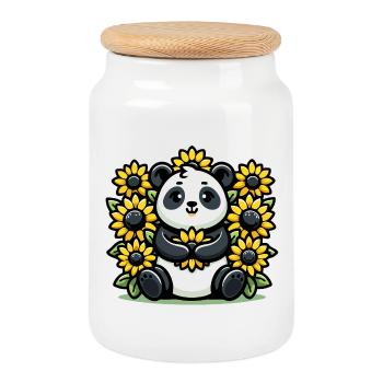 Panda en fleurs : le compagnon tournesol - Boîte à biscuits avec couvercle en bois - blanc - Devant