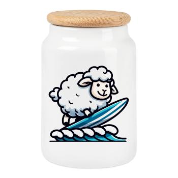 Surfschafe: Woolly Waves Rider - Keksdose mit Holzdeckel - Weiß - Vorne