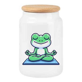 Meditative Amphibie: Der erleuchtete Frosch - Keksdose mit Holzdeckel - Weiß - Vorne