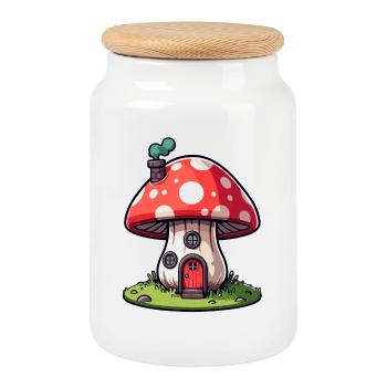 Enchanted Shroom Home: The Fungal Abode - Cookie Jar with Wooden Lid - white - Front