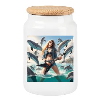 Metal guitarist among dolphins - Cookie Jar with Wooden Lid - white - Front