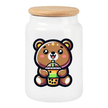 Boba Bear Bliss - Adorable Tea Hug - Cookie Jar with Wooden Lid - white - Front