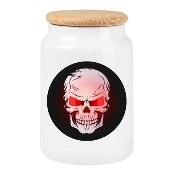 Skull,Skull,Skull with red glowing eyes - Cookie Jar with Wooden Lid - white - Front