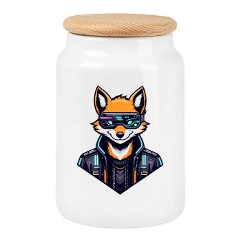 Cyber Fox Neon Tech Wild - Cookie Jar with Wooden Lid - white - Front