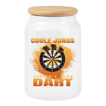Coole Jungs spielen Dart - Keksdose mit Holzdeckel - Weiß - Vorne