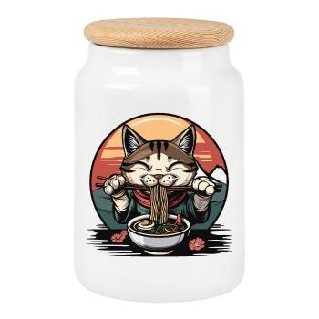 Funny Cat Ramen Noodles Japan Cat Vintage - Cookie Jar with Wooden Lid - white - Front