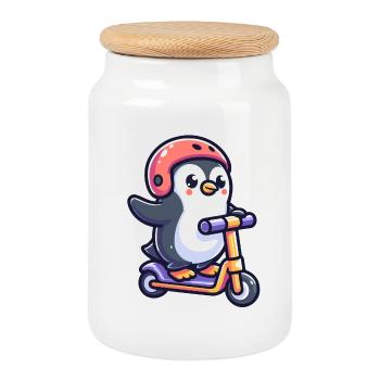 Pinguin unterwegs: Der scooting Sweetie - Keksdose mit Holzdeckel - Weiß - Vorne