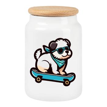Welpe auf Rädern: Der Skateboard-Hund - Keksdose mit Holzdeckel - Weiß - Vorne