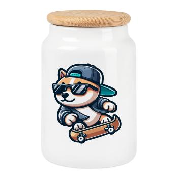 Corgi Boarder : l’acolyte du patineur - Boîte à biscuits avec couvercle en bois - blanc - Devant