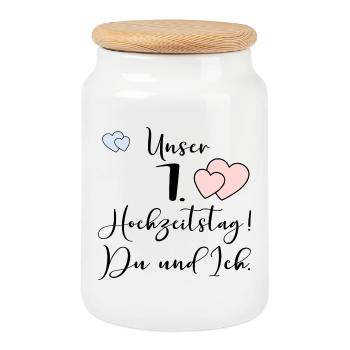 Unser erster Hochzeitstag Ehepaar - Keksdose mit Holzdeckel - Weiß - Vorne