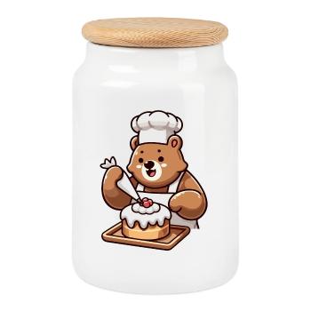 Baker Bear : Le charmeur de gâteaux - Boîte à biscuits avec couvercle en bois - blanc - Devant