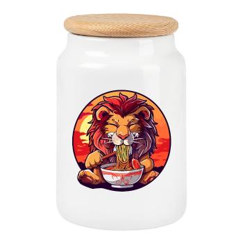 Drôle Lion Ramen Nouilles Japon Animal Lion - Boîte à biscuits avec couvercle en bois - blanc - Devant