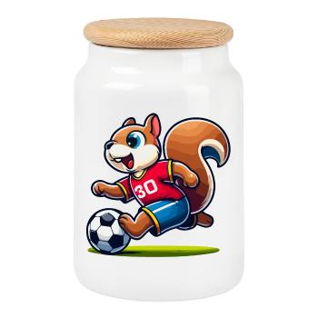 Scamper Striker: Das Fußball-Eichhörnchen - Keksdose mit Holzdeckel - Weiß - Vorne