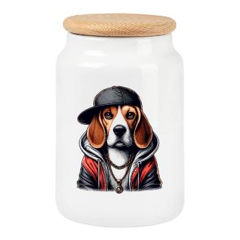 Beagle Gangsta Hund Cappy Geschenk - Keksdose mit Holzdeckel - Weiß - Vorne