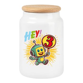 Three Year Old Little Robot Hello I'm 3 - Cookie Jar with Wooden Lid - white - Front