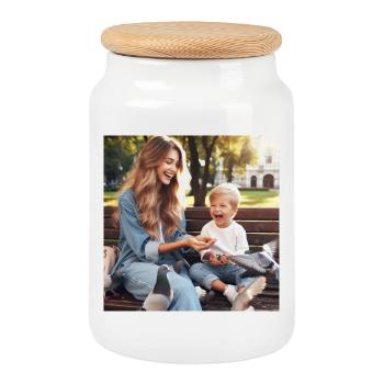 Mère et fils - Boîte à biscuits avec couvercle en bois - blanc - Devant
