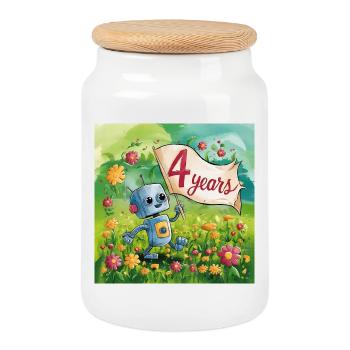 4 ans petit robot mignon dans la prairie fleurie - Boîte à biscuits avec couvercle en bois - blanc - Devant