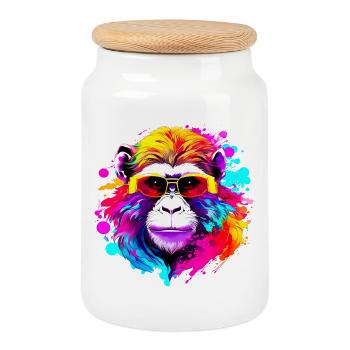 Fancy Macaque #1 - Cookie Jar with Wooden Lid - white - Front