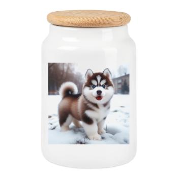 Siberian Husky Welpe im Schnee - Keksdose mit Holzdeckel - Weiß - Vorne
