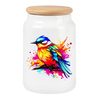 Colorful Bird - Cookie Jar with Wooden Lid - white - Front