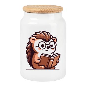 Hérisson livresque : le petit érudit - Boîte à biscuits avec couvercle en bois - blanc - Devant
