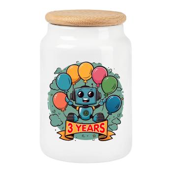 3 Years Birthday Little Robot with Balloons - Cookie Jar with Wooden Lid - white - Front