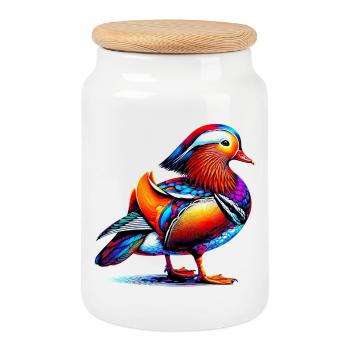 Mandarin duck - Cookie Jar with Wooden Lid - white - Front
