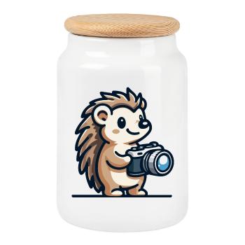 Schnappschuss-Igel: Der Shutterbug-Kumpel - Keksdose mit Holzdeckel - Weiß - Vorne