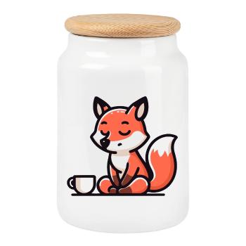 Zen Fox: The Tranquil Tea Master - Cookie Jar with Wooden Lid - white - Front