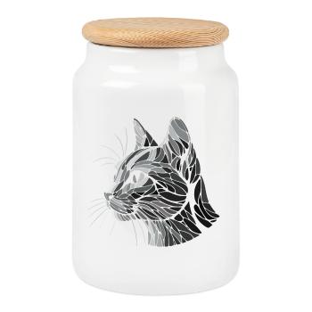 Black and white cat head, geometric art, polygons - Cookie Jar with Wooden Lid - white - Front