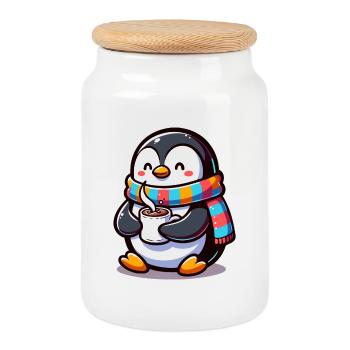 Pingouin charmant avec écharpe colorée - Boîte à biscuits avec couvercle en bois - blanc - Devant