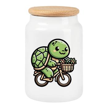 Cute Turtle Bicycle Design - Cookie Jar with Wooden Lid - white - Front