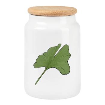 Stylized green ginkgo leaf - Cookie Jar with Wooden Lid - white - Front