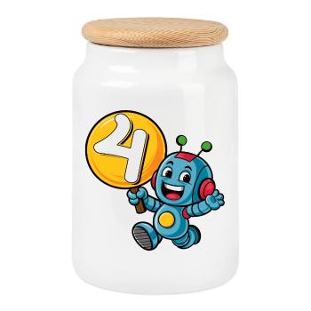 Finally 4 Years Four Fourth Birthday Robot - Cookie Jar with Wooden Lid - white - Front