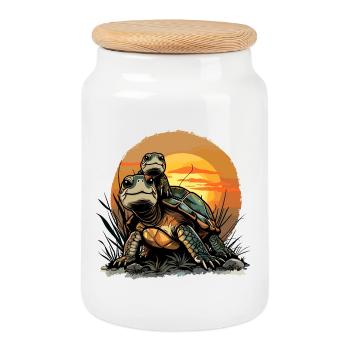 dad turtle son father tortoise - Cookie Jar with Wooden Lid - white - Front