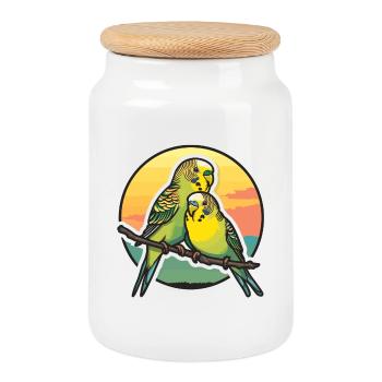Dad Budgie Father Son Budgies - Cookie Jar with Wooden Lid - white - Front