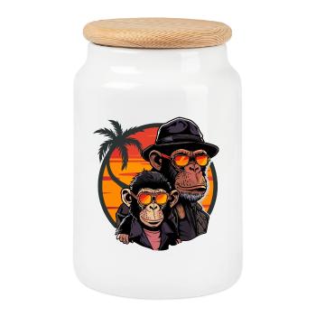 Monkey Dad Son Monkey Chimpanzee Animal Vintage - Cookie Jar with Wooden Lid - white - Front