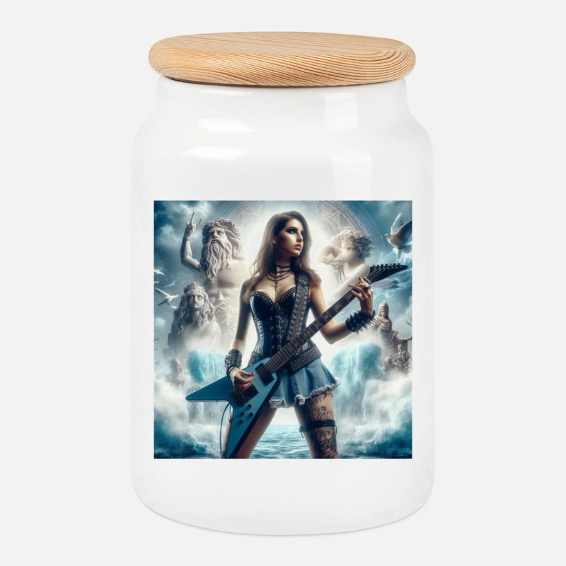 Guitarist with Poseidon - Cookie Jar with Wooden Lid - white