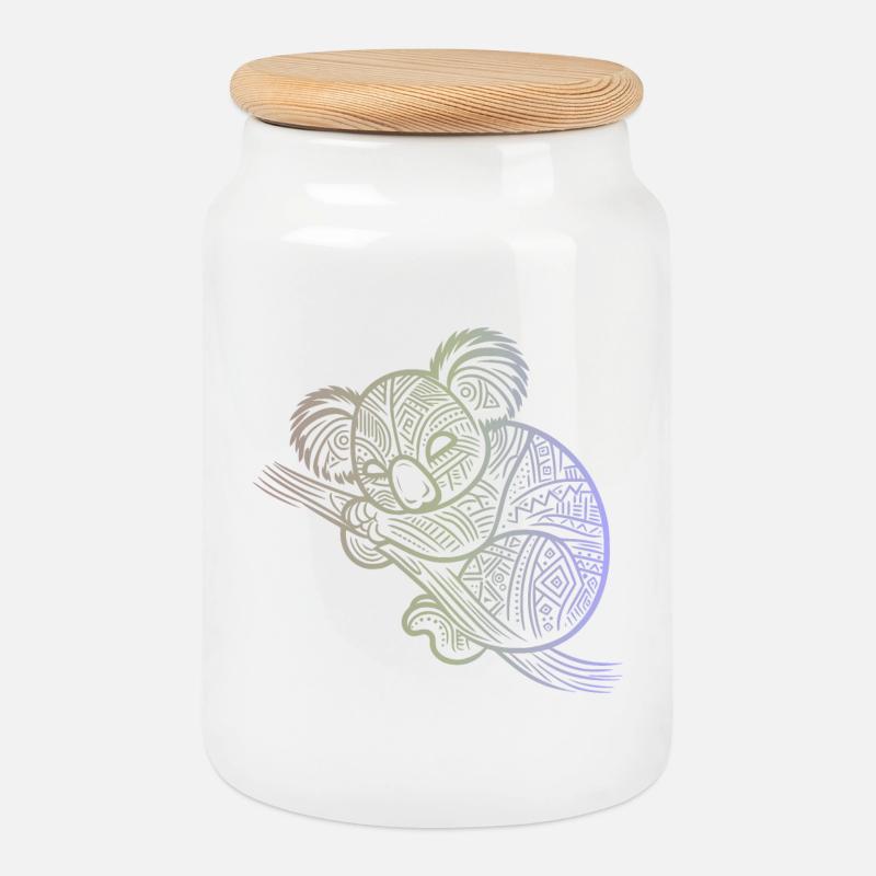 Koala in Aborigine-Mustern, Stammesmuster - Keksdose mit Holzdeckel - Weiß