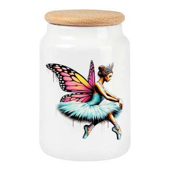 Ballerina mit Schmetterlingsflügeln, Schmetterlingen, Tutu - Keksdose mit Holzdeckel - Weiß - Vorne