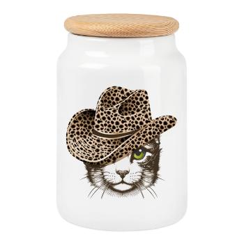 Portrait d’un chat avec un chapeau à l’aspect léopard - Boîte à biscuits avec couvercle en bois - blanc - Devant